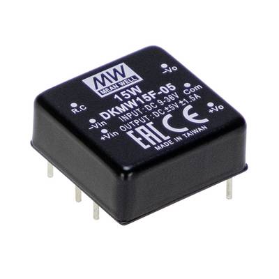 Integrovaný čierny elektronický komponent od Mean Well, model DKM15F-05, napájanie jednosmerným prúdom, s certifikáciou CE.