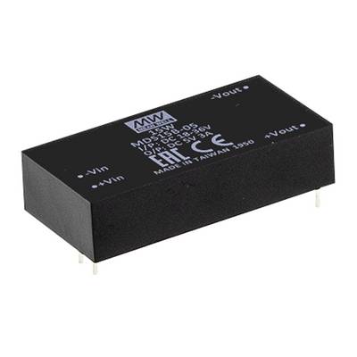 Čierna elektronická súčiastka s nápisom 'MDU15-05', 15W, 5V vstup, 5V výstup. Obdĺžnikový tvar s kontaktnými kolíkmi.