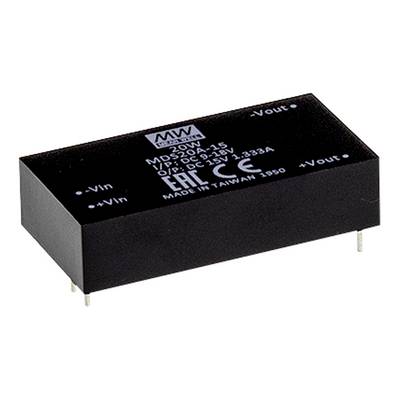 Obdĺžnikový elektronický komponent s nápisom '15W DC-DC menič', konektory pre vstup a výstup. Vyrobené na Taiwane.