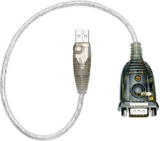 Priehľadný USB kábel s USB konektorom na jednej strane a VGA portom na strane druhej.