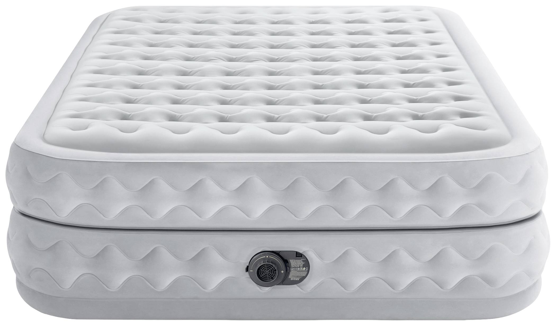 Sivá, nafukovacia matrac s vlnitým povrchom a integrovaným ventilom na boku.