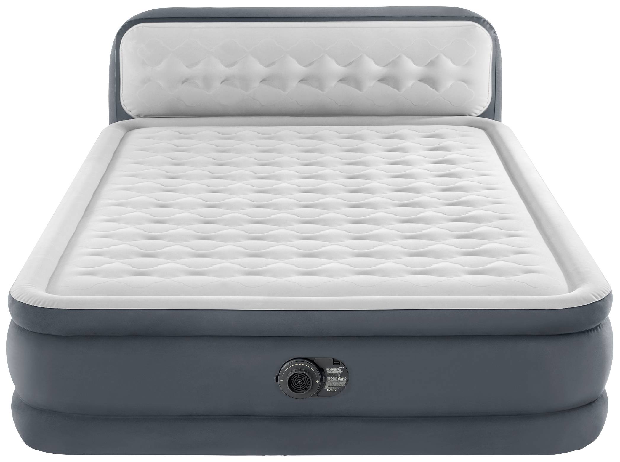 Nafukovacia posteľ s integrovanou pumpou, sivobiela, veľkosť pre dvojlôžko. Čalúnený povrch a zvýšený okraj pre pohodlie.
