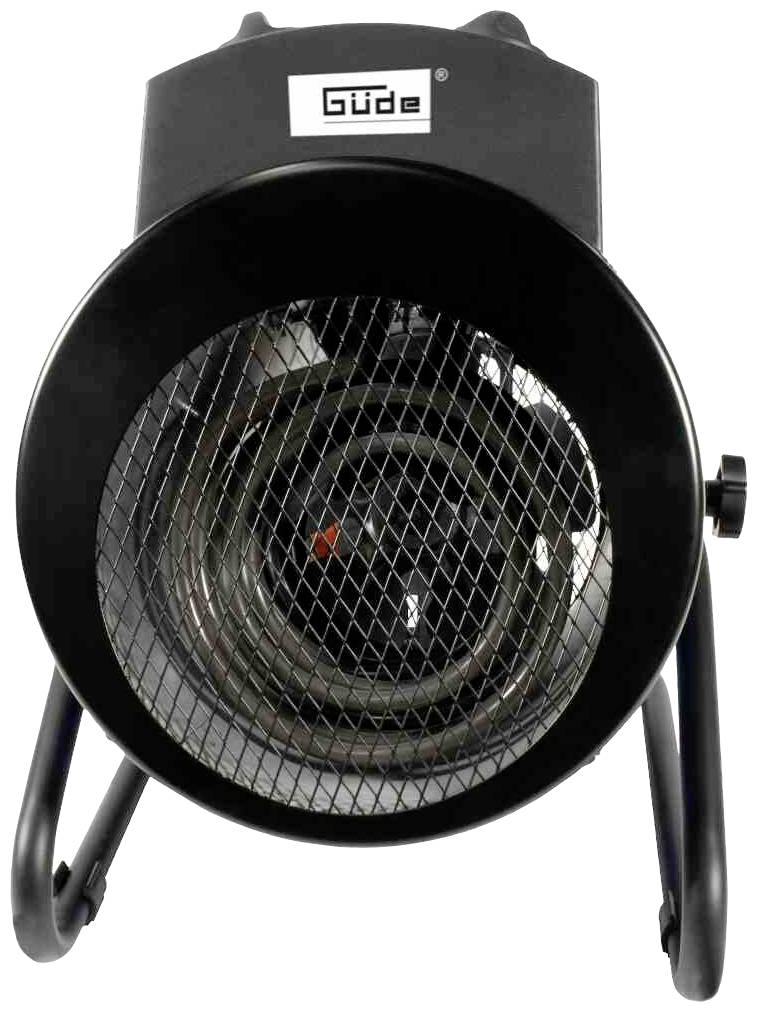 Teplovzdušný ventilátor 'Güde', čierny, s mriežkou a stojanom, pohľad spredu na okrúhly ventilátor.