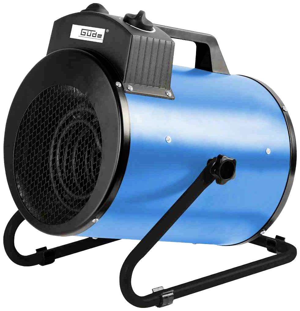 Elektrický ventilátor s ohrevom v modrej farbe s čiernou podstavou a rukoväťou. Vhodný na vykurovanie vnútorných priestorov. Viditeľné logo značky.