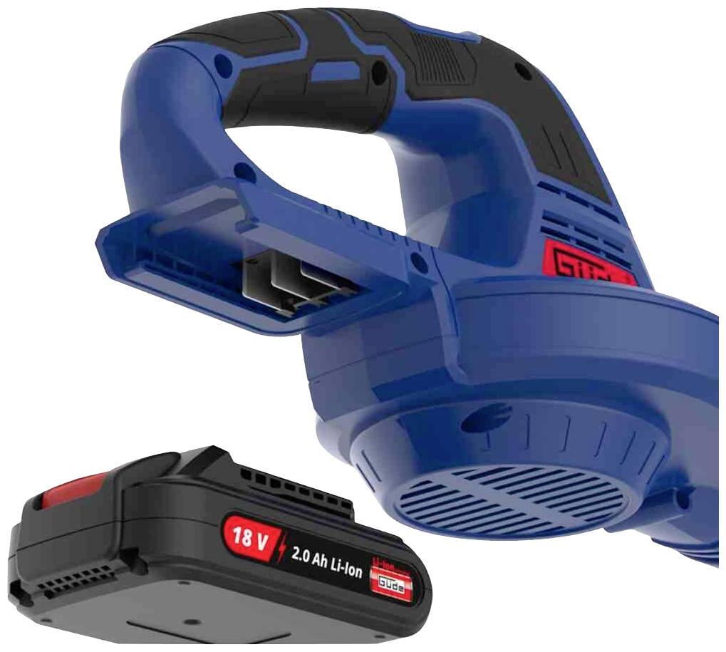 Modrý bezdrôtový vysávač s ergonomickou rukoväťou a samostatnou 18V 2,0 Ah lítiovo-iónovou batériou, vhodný pre mobilné použitie.