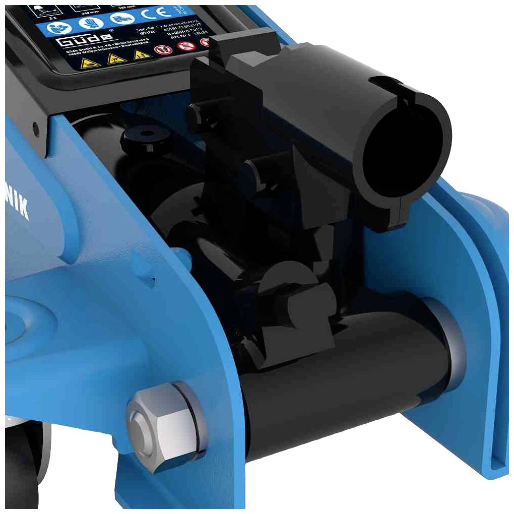 Modré mechanické zariadenie s čiernym plastovým prvkom a displejom hore, zobrazuje výstražné symboly a nastavenia.