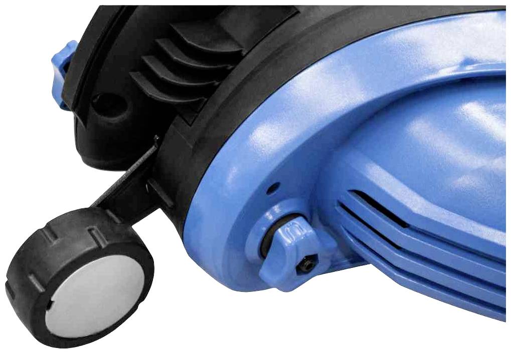 Modré motorové zariadenie s čiernym kolesom, pravdepodobne hlava kosačky, zobrazuje technické detaily a konštrukciu.