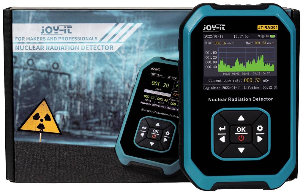 Prenosný 'Nuclear Radiation Detector' zobrazuje na svojom displeji namerané údaje a líniový graf. V pozadí je výstražná tabuľa.