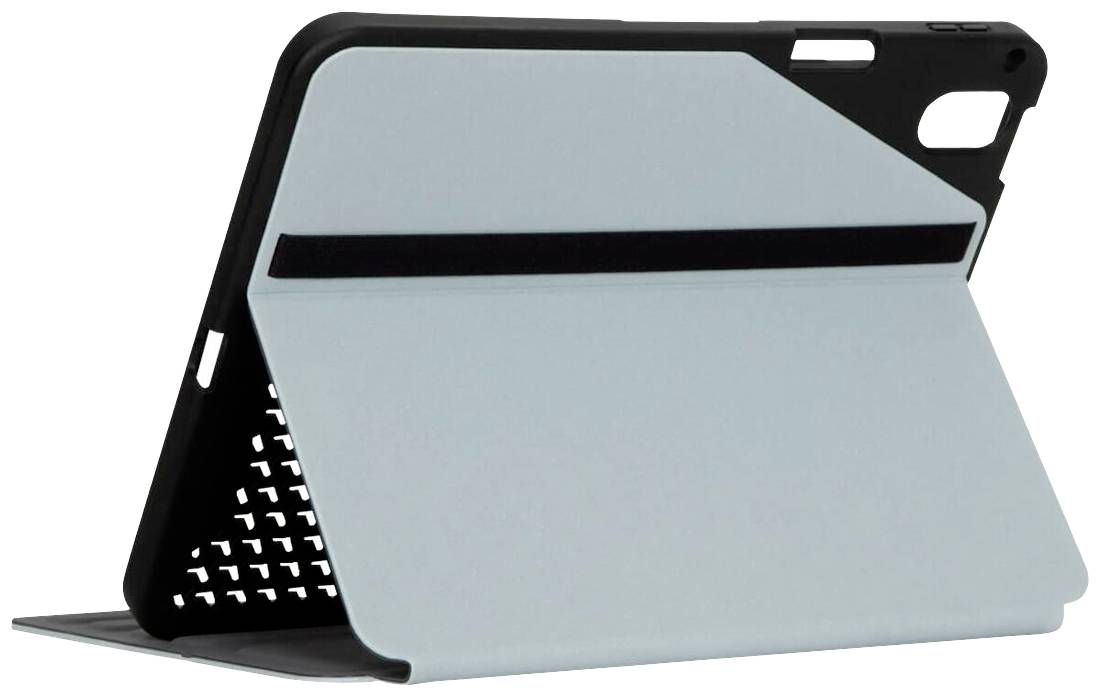 Obal na tablet postavený v šikmom uhle; má svetlú a tmavú farebnú kombináciu, ktorá umožňuje pohodlné sledovanie bez držania.