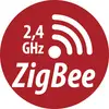 Červené logo ZigBee s bielym textom „2,4 GHz" a ikonou bezdrôtového signálu.