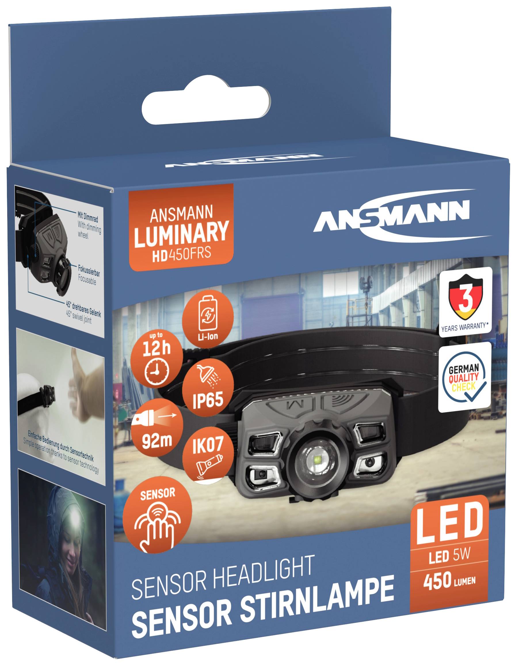 Balenie čelovej LED lampy ANSMANN so senzorom. Vlastnosti: LED, 5W, 450 lúmenov, výdrž až 12 hodín, IP65, so senzorom.
