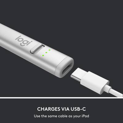 Na obrázku je strieborné pero s nápisom 'logi' a nabíjacou stanicou USB-C. Text: 'Nabíjanie cez USB-C. Použite rovnaký kábel ako pre váš iPad'.