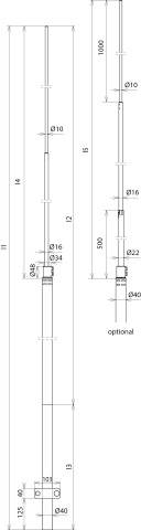 Technický výkres tyče s rôznymi úsekmi a priemermi, rozmerové údaje v milimetroch na viacerých bodoch.