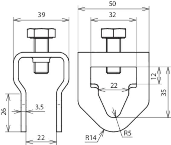 Technický výkres kovového uholníka s rozmermi: šírka 39 mm, výška 35 mm, otvor pre skrutku 22 mm, ohyb R14, R5.