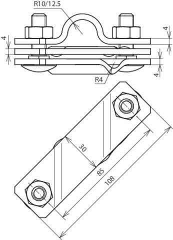 Technický výkres kovovej svorky s rozmermi a špecifikáciami: Dĺžka 108 mm, šírka 30 mm, skrutky R10/12,5, vzdialenosti 4 mm.