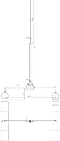 Technický výkres mechanického zariadenia s rozmermi. Zobrazuje dva vertikálne valce prepojené horizontálnymi tyčami a potrubím.