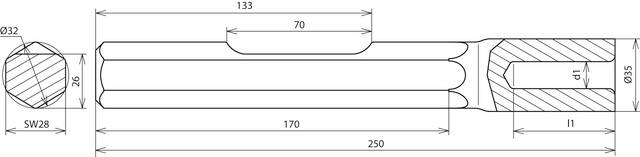Technický výkres hriadeľa s rozmermi: dĺžka 250 mm, priemer 32 mm, iný úsek 35 mm. Rôzne úseky a detaily sú označené.