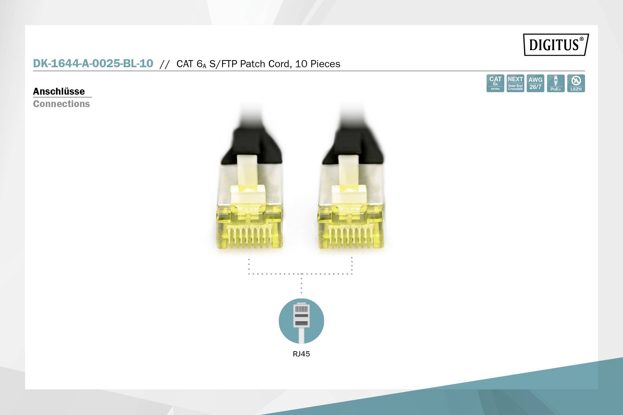 Dva sieťové konektory RJ45 pre CAT 6, patch kábel S/FTP. Produkt značky Digitus v balení po 10 kusov.