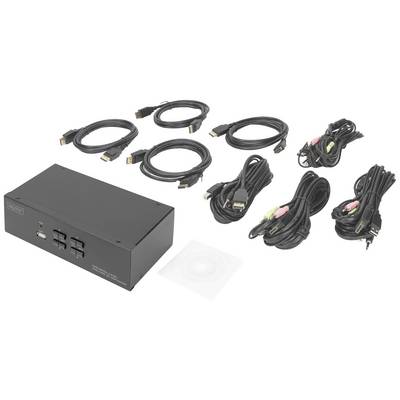 Čierny KVM prepínač s viacerými káblami a príslušenstvom vrátane HDMI a audio káblov, určený na prepájanie viacerých zariadení.