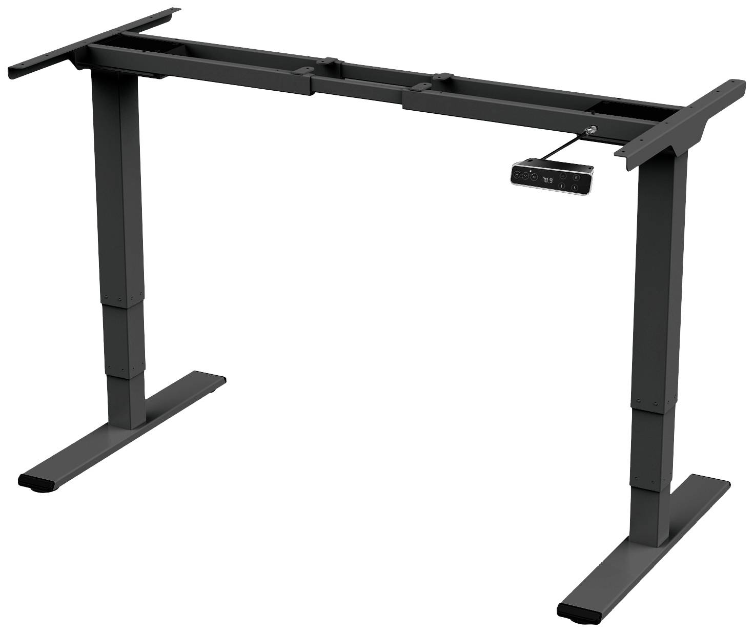 Čierny výškovo nastaviteľný rám kancelárskeho stola s integrovanou ovládacou jednotkou na prispôsobenie výšky pre ergonomickú prácu.