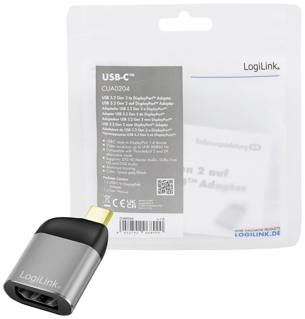 USB-C na DisplayPort adaptér od LogiLink v striebornej farbe. Adaptér a obal s technickými špecifikáciami na obrázku.