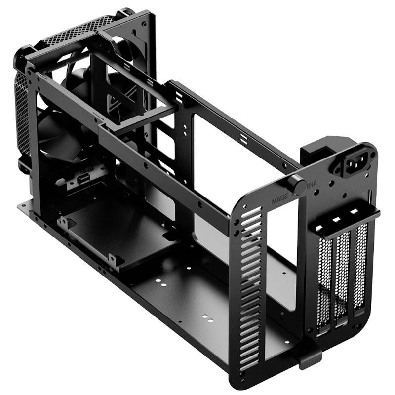 Modulárny, čierny počítačový chassis bez krytu, zobrazujúci ventilátory a úchyty. Vhodný pre DIY počítačové projekty.