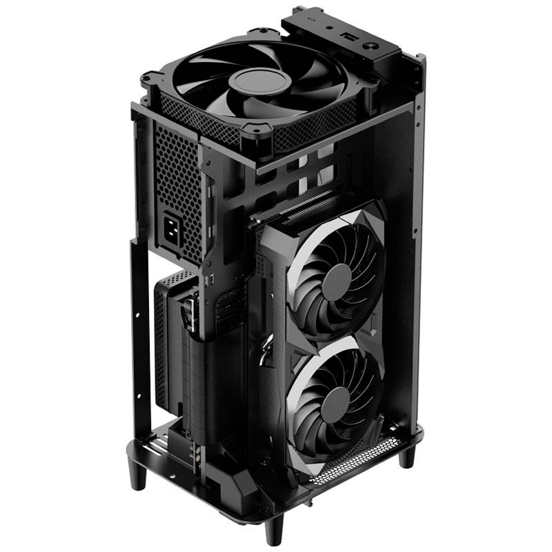 Otvorená mini-ITX počítačová skrinka v čiernej farbe, vertikálna, s dvoma veľkými ventilátormi pre chladenie. Vhodná pre kompaktné vysoko výkonné počítače.
