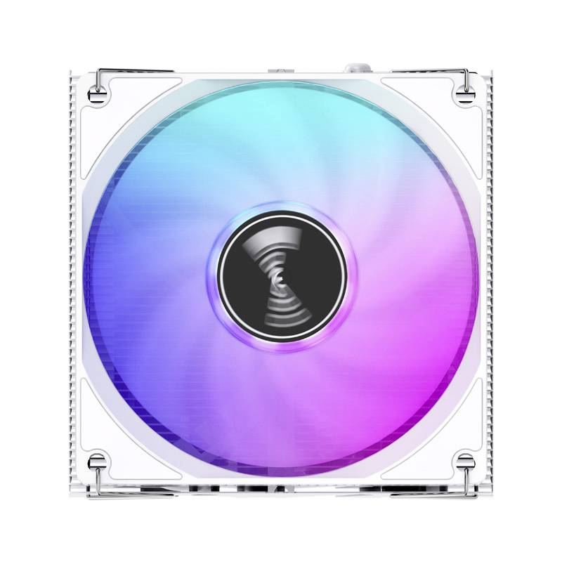 Ventilátor s RGB podsvietením v rôznych farbách od modrej po ružovú, namontovaný v obdĺžnikovom ráme, viditeľne rotujúci.