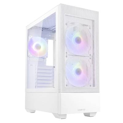 Biele počítačové skrine s vetráním spredu a po stranách, dva viditeľné ventilátory s RGB podsvietením.