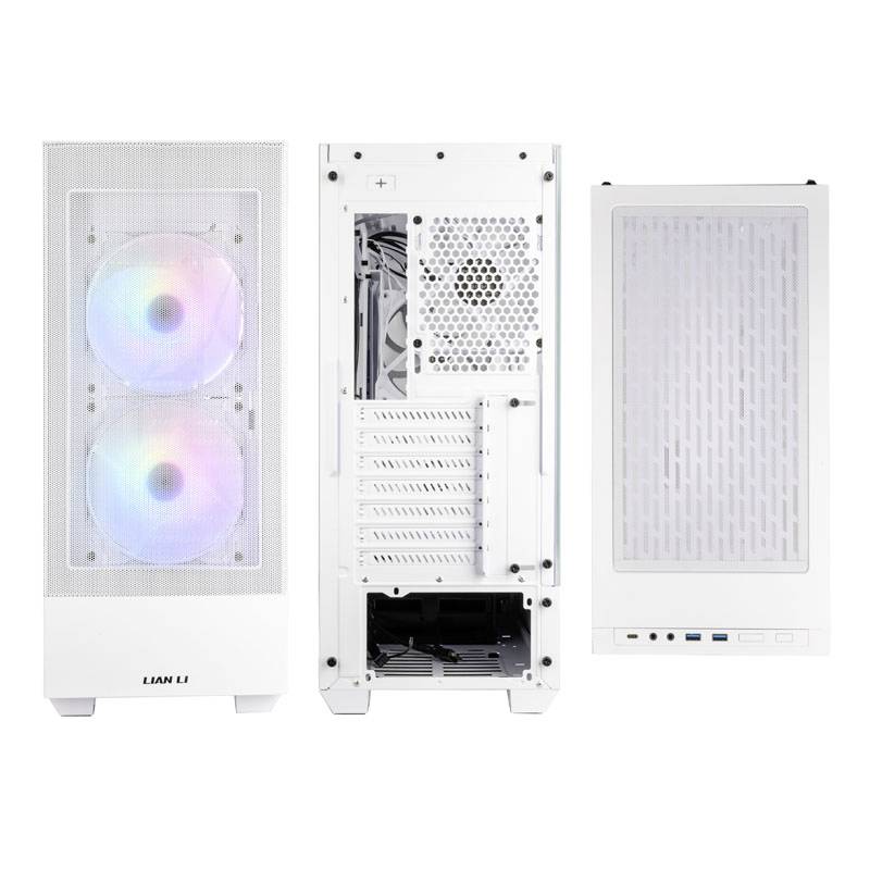 Tri pohľady bieleho počítačového prístroja s RGB ventilátormi vpredu, otvoreným priestorom vzadu a portami na hornej strane.