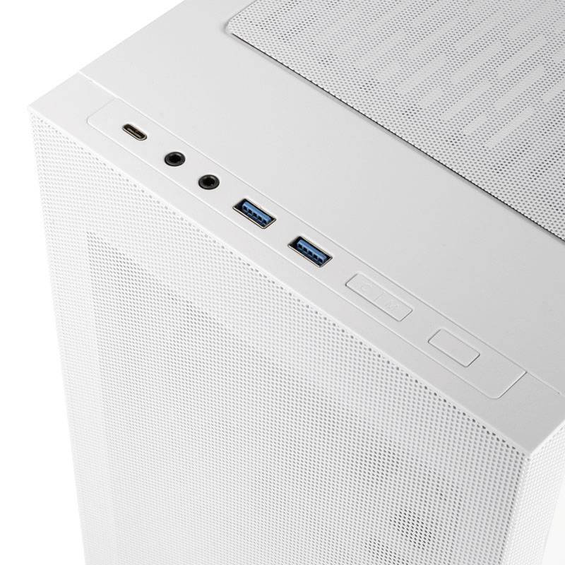 Biele počítačové púzdro s USB portami, audio zdierkami a priehľadnou hornou mriežkou pre vetranie.