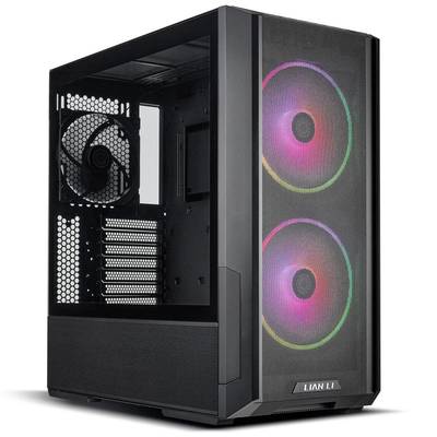 Čierna PC skrinka so skleneným oknom, zobrazujúca dva veľké svietiace ventilátory na prednej strane. Obsahuje namontované vetracie otvory.