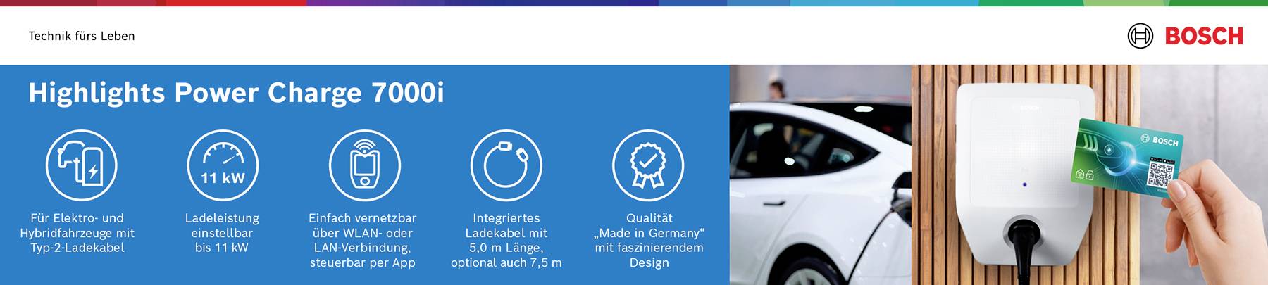 Nabíjacia stanica Power Charge 7000. Informačné symboly: '11 kW', ovládanie cez aplikáciu, 7,5 m nabíjací kábel, robustná, moderný dizajn. Logo Bosch v pravom hornom rohu.