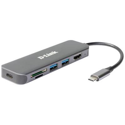 Sivý USB-C hub od D-Link s portami pre HDMI, USB a čítačku kariet, vhodný pre laptopy na rozšírenie možností pripojenia.