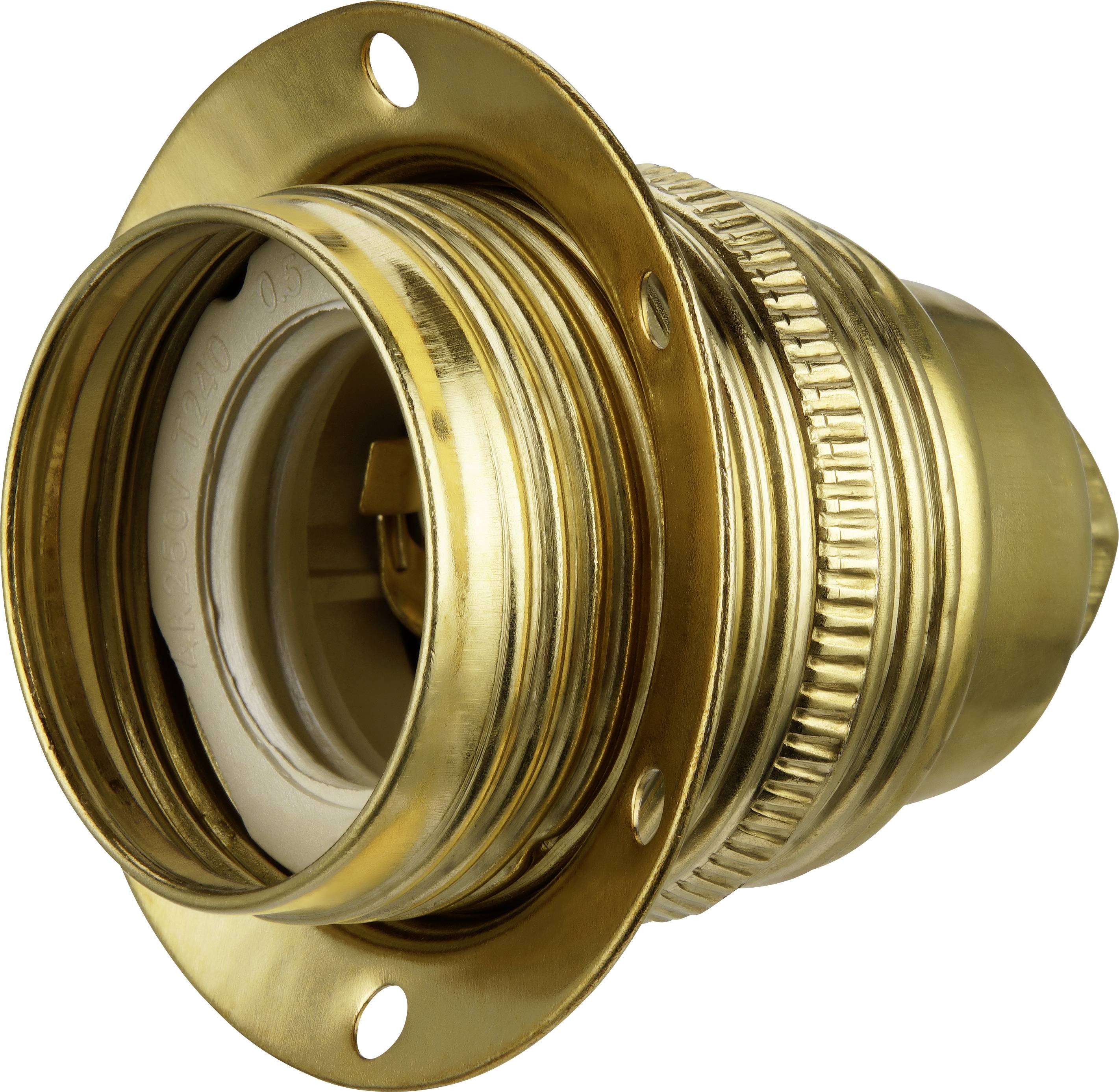 Mosadzný lesklý spodný kryt, valcovitého tvaru s vrúbkovaným prsteňom a 4 otvormi pre skrutky na upevňovacej doske.