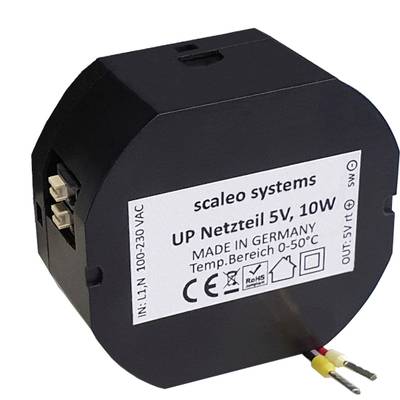 Elektronické zariadenie s nápisom 'scaleo systems', 'Napájací zdroj 5V, 10W', 'VYROBENÉ V NEMECKU', pre teplotný rozsah 0-50°C.