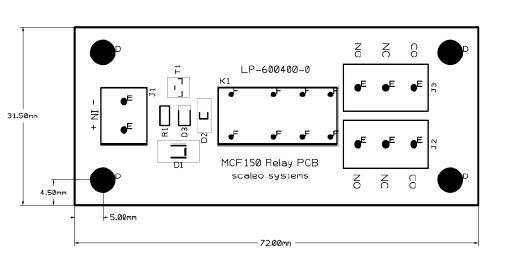 Schéma zapojenia dosky relé. Hore je označené 'LP-600400-0'. Dole je napísané 'MCF150 Relay PCB'. Rozmery: 72,00 mm x 31,58 mm.
