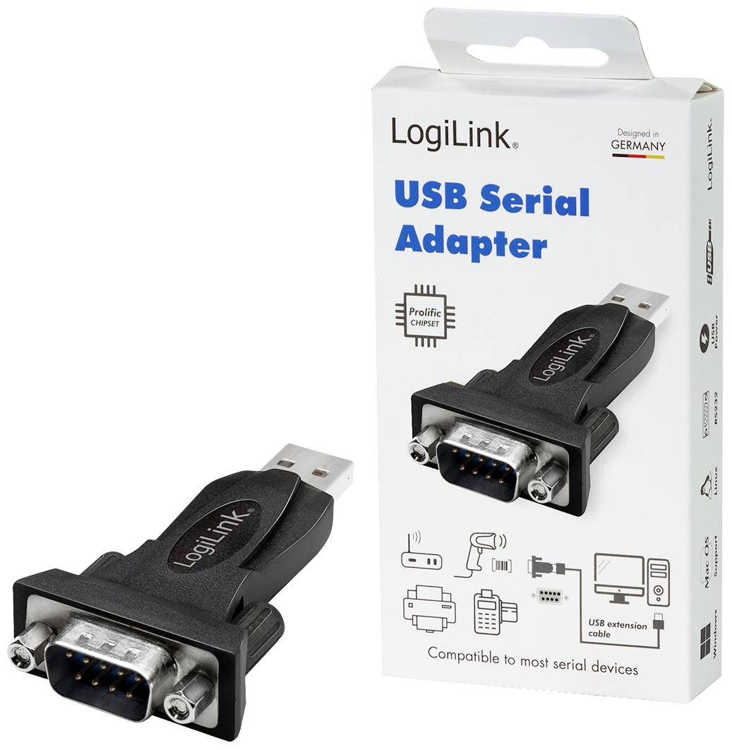 USB-sériový adaptér od LogiLink, zobrazený vedľa svojho obalu. Vhodný pre sériové zariadenia s USB rozhraním.