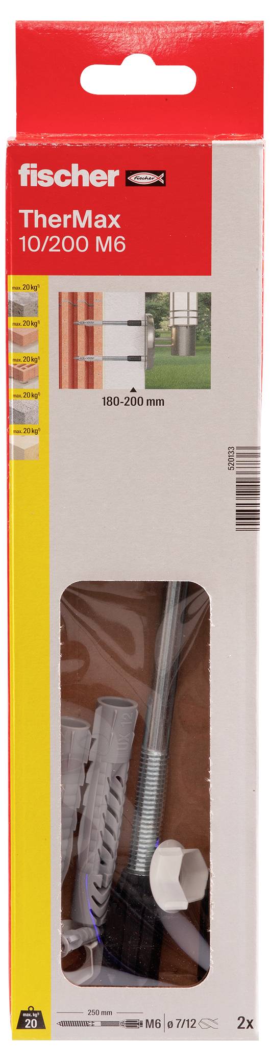 Balenie 'fischer TherMax 10/200 M6' s obrázkom namontovaného hmoždinkového systému a dvoma zahrnutými sadami. Vhodné pre fasádne zateplenie.