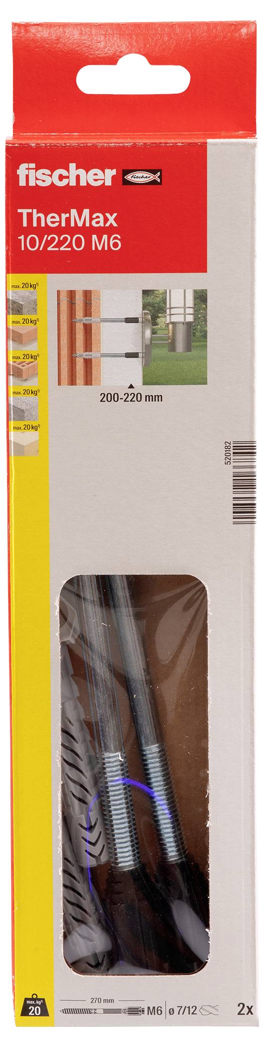 Balenie Fischer TherMax 10/220 M6, zobrazuje izolačnú hmoždinku pre kotvené fasády, rozmery 200-220 mm.