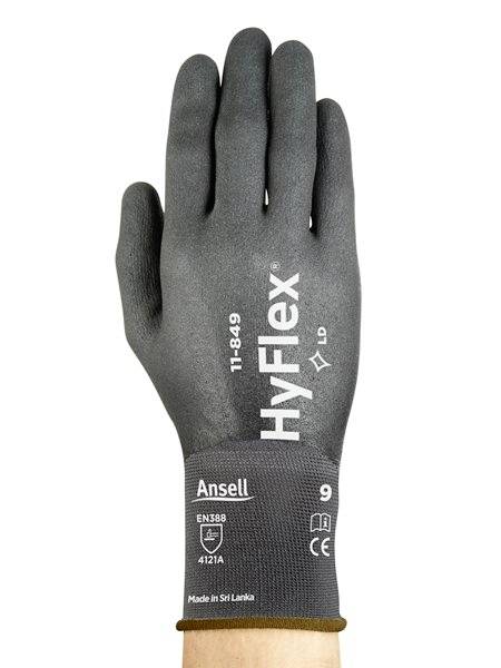 Sivá ochranná rukavica s nápisom 'HyFlex 11-849' a 'Ansell'. Veľkosť 9, certifikovaná podľa normy EN 388, vyrobená na Srí Lanke.