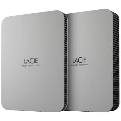 Dve sivé externé pevné disky s logom 'LaCie design by neil poulton', vedľa seba stojace.