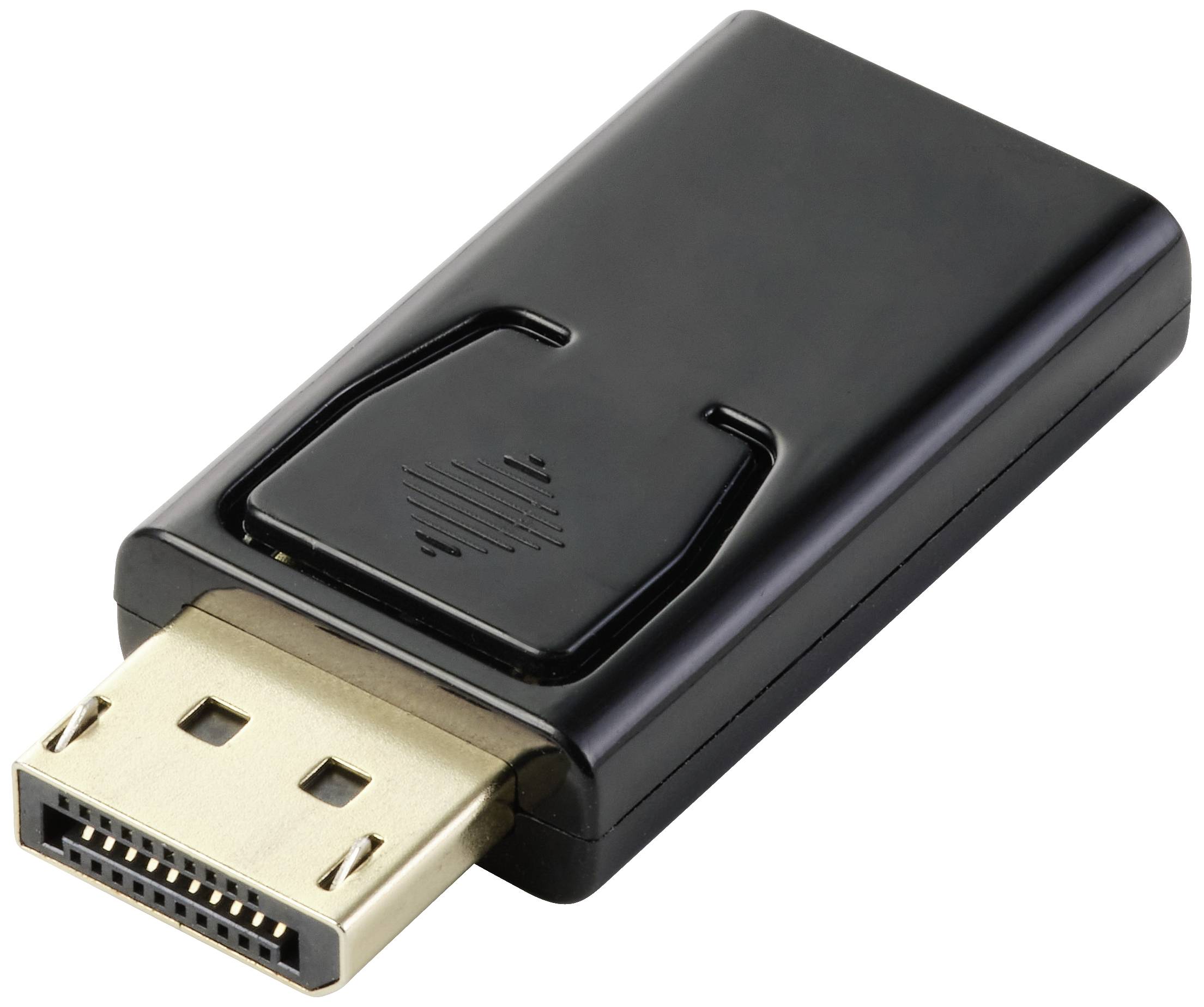 Čierny DisplayPort adaptér so zlatým konektorom, ktorý sa typicky používa na prepojenie audio a video signálov.