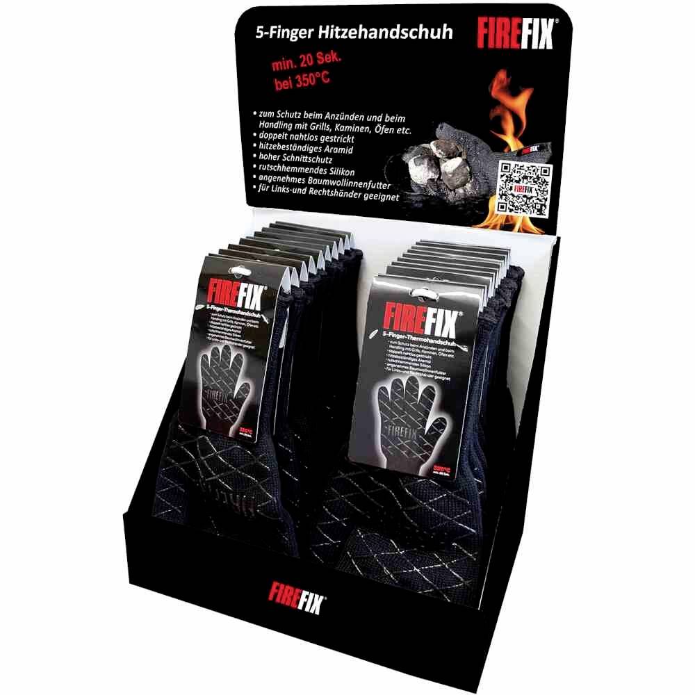 Predajný stojan s baleniami rukavíc 'FIRE FIX' s 5 prstami, ktoré poskytujú ochranu až do 350°C po dobu 20 sekúnd.