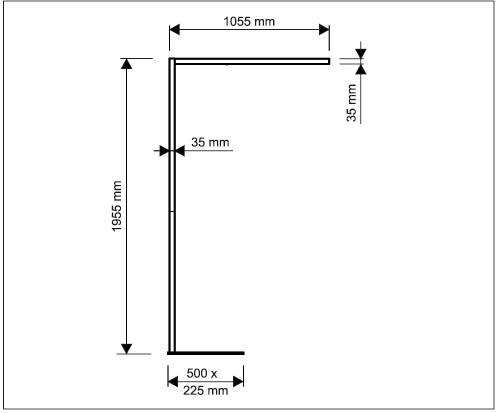 Technický výkres L-tvarového objektu s rozmermi: výška 1955 mm, šírka 1055 mm, dĺžky strán 35 mm a podstavec 500 x 225 mm.