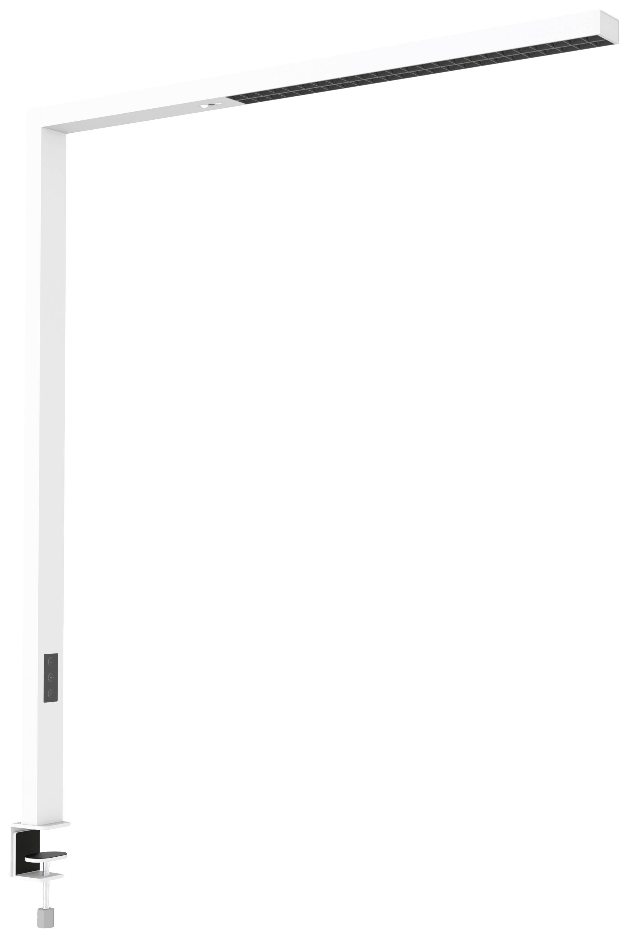 Biela moderná stolná lampa s obdĺžnikovým, horizontálnym svetelným telesom a svorkou na uchytenie na okraj stola.