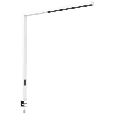 Biela moderná stolná lampa s obdĺžnikovým, horizontálnym svetelným telesom a svorkou na uchytenie na okraj stola.