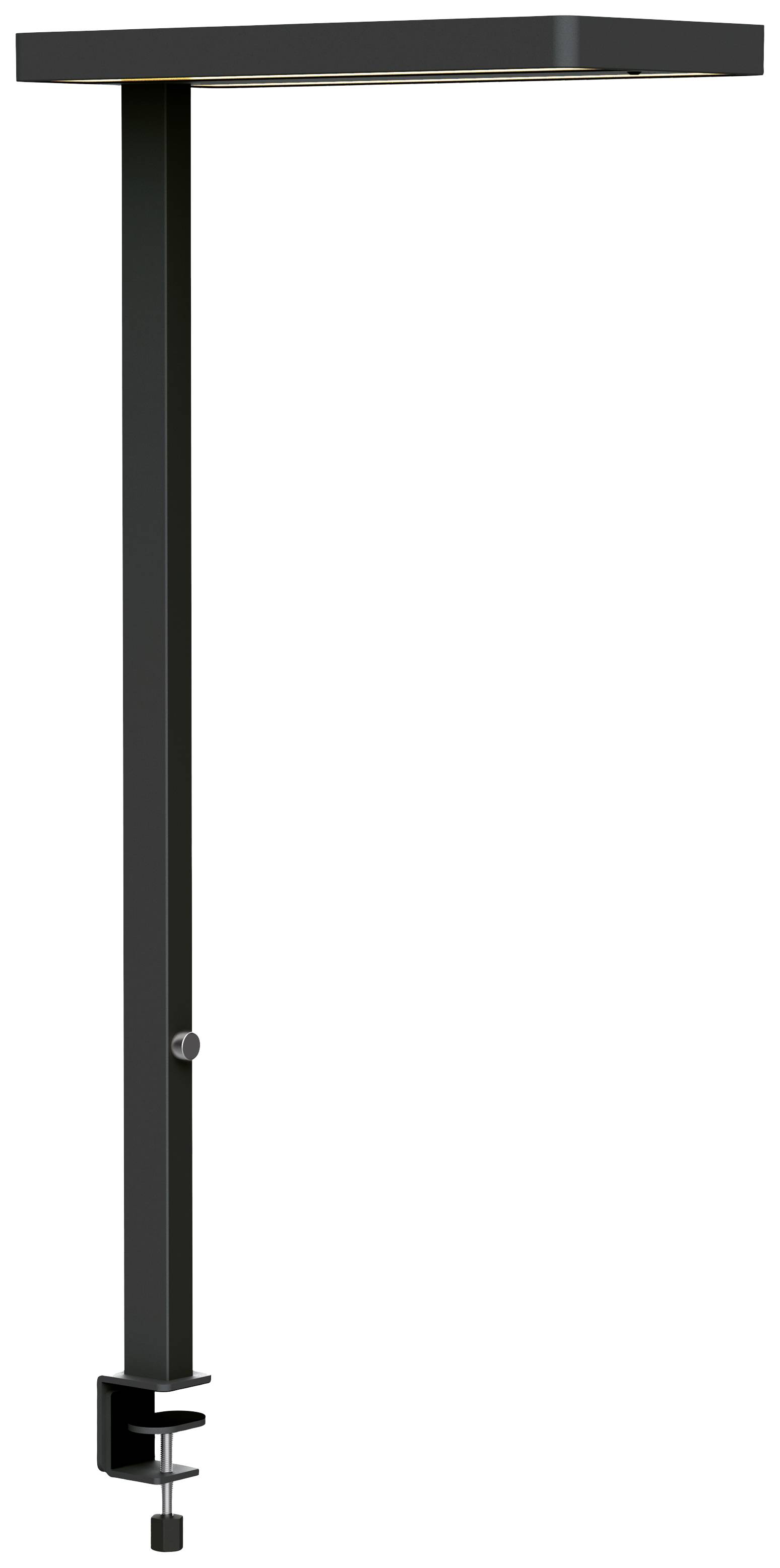 Čierna LED stolná lampa so svorkovýmuchytením na okraj stola. Lampa s obdĺžnikovým tienidlom v modernom dizajne.