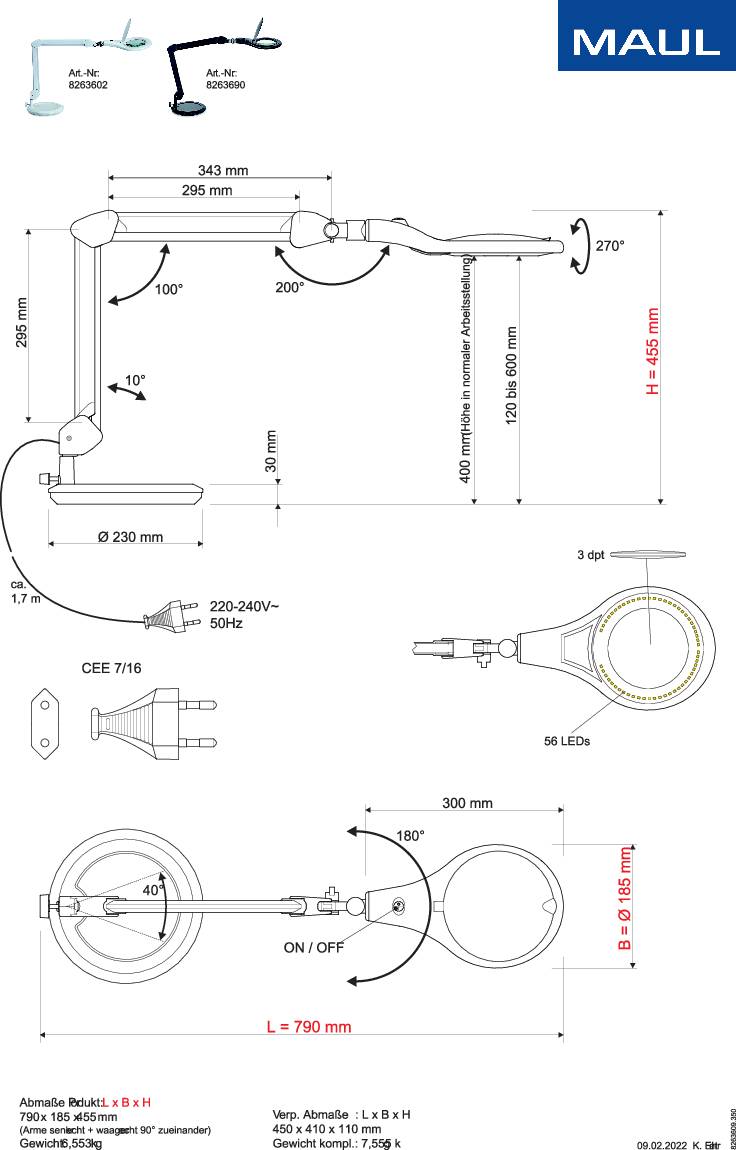 Technický výkres LED stolnej lampy s rozmermi v milimetroch. Zobrazuje bočný, čelný a pohľad zhora s detailmi ramien a hlavnej časti.