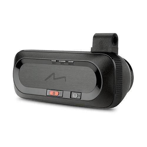 Čierna autokamera s objektívom, bočným montážnym držiakom a tromi tlačidlami hore: 'WiFi', 'SOS', 'Mute'.